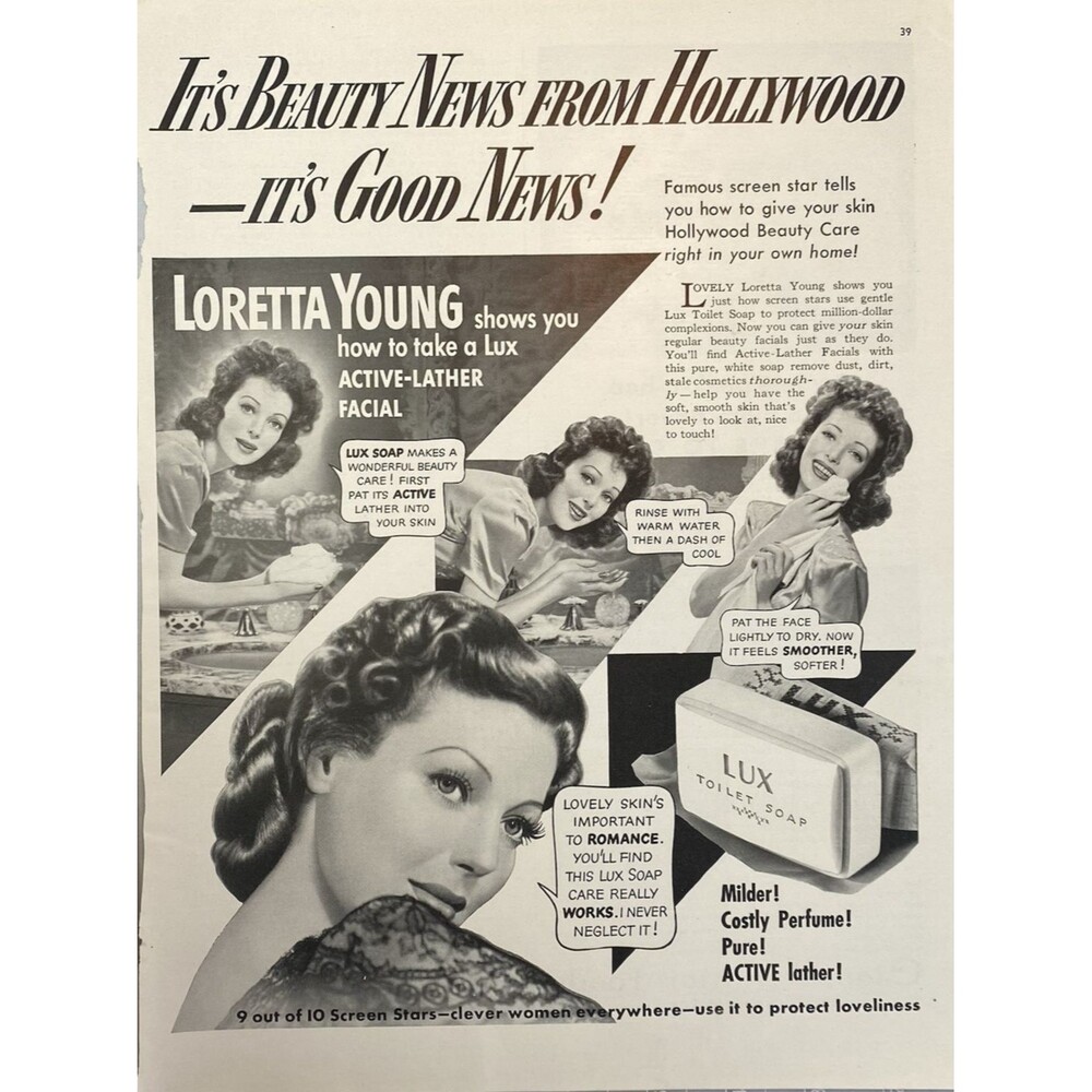 LUX Toilet Soap "Loretta Young: Lovely Skin Important to Romance" Print Ad 1941